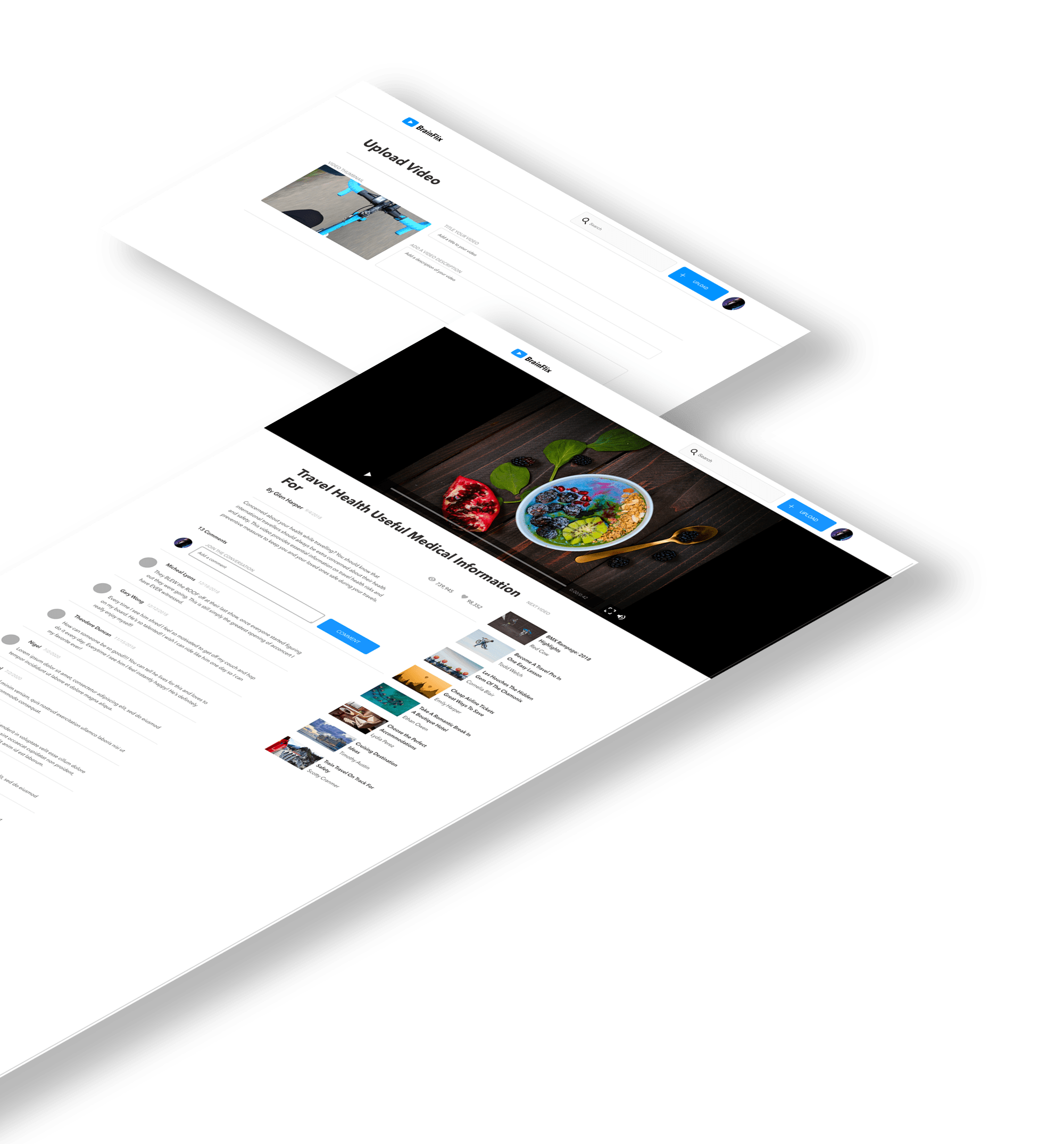 Full length screenshot of brainflix site as well as a smaller upload page screenshot beside