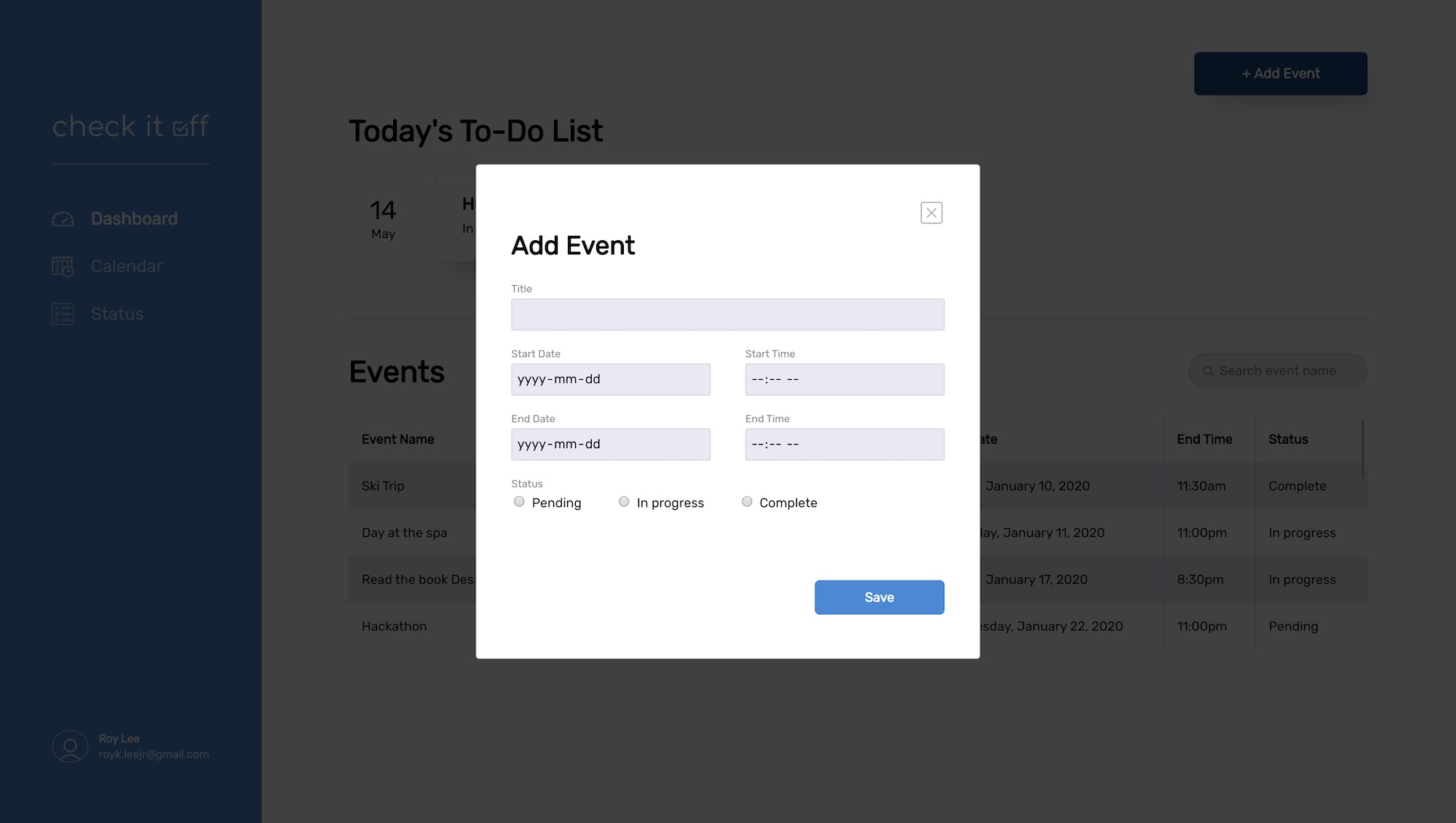 Screenshot of Checkitoff add event page