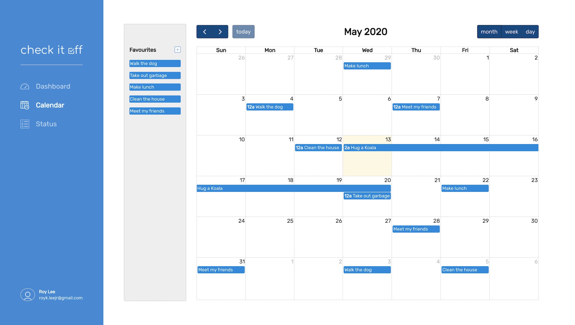 Screenshot of Checkitoff calendar page