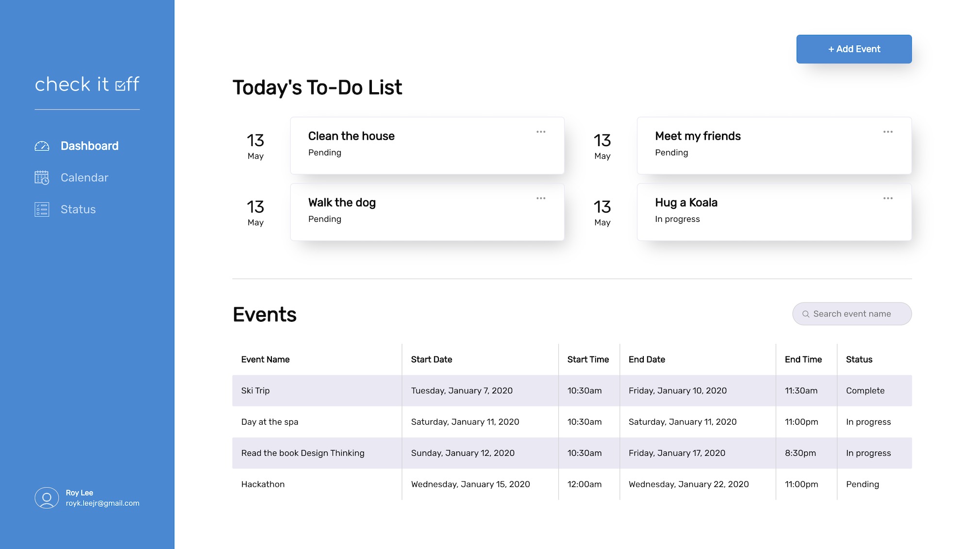 Screenshot of Checkitoff dashboard page