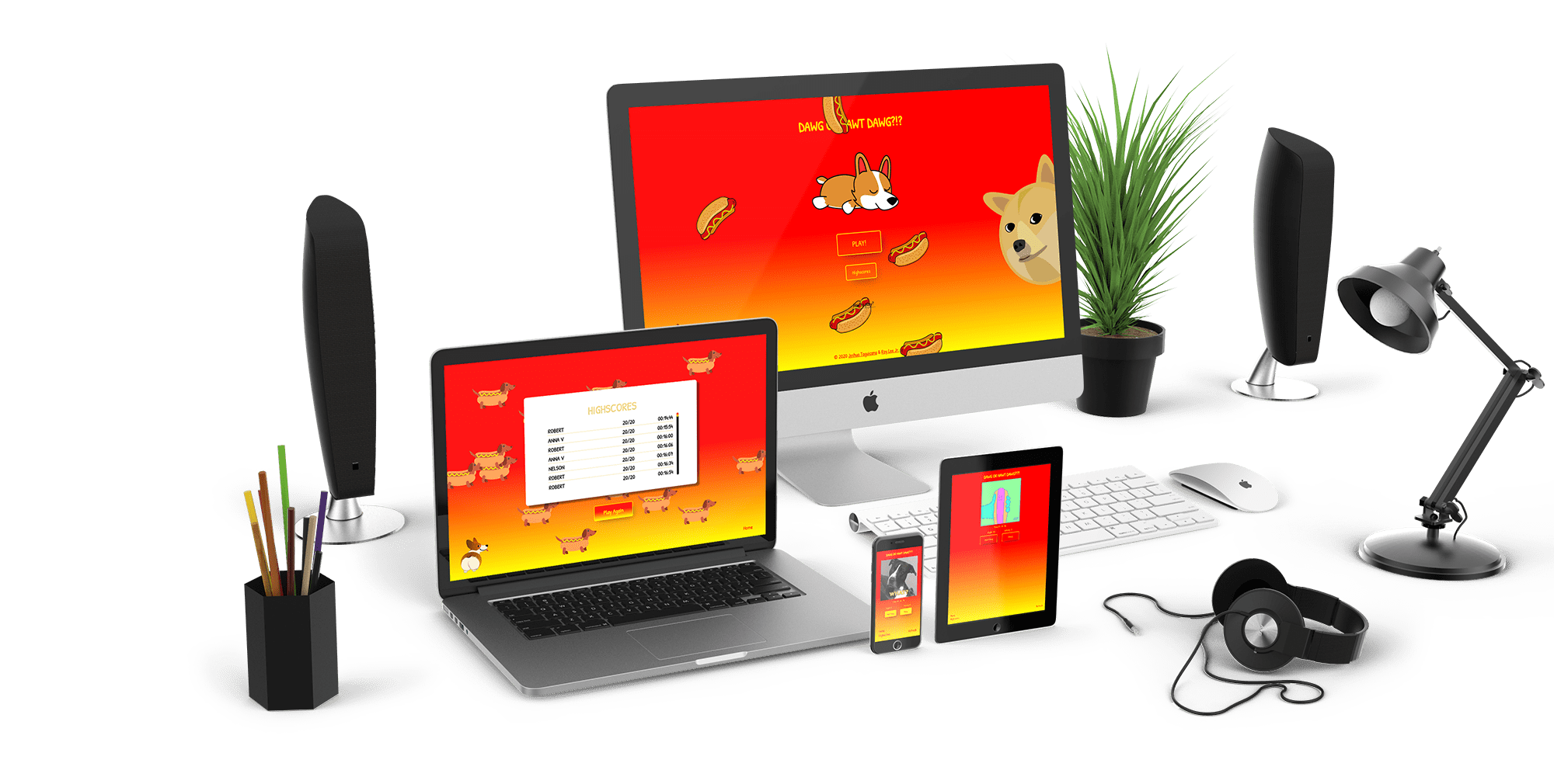 desk full of electronic devices playing on the DogHotDog game