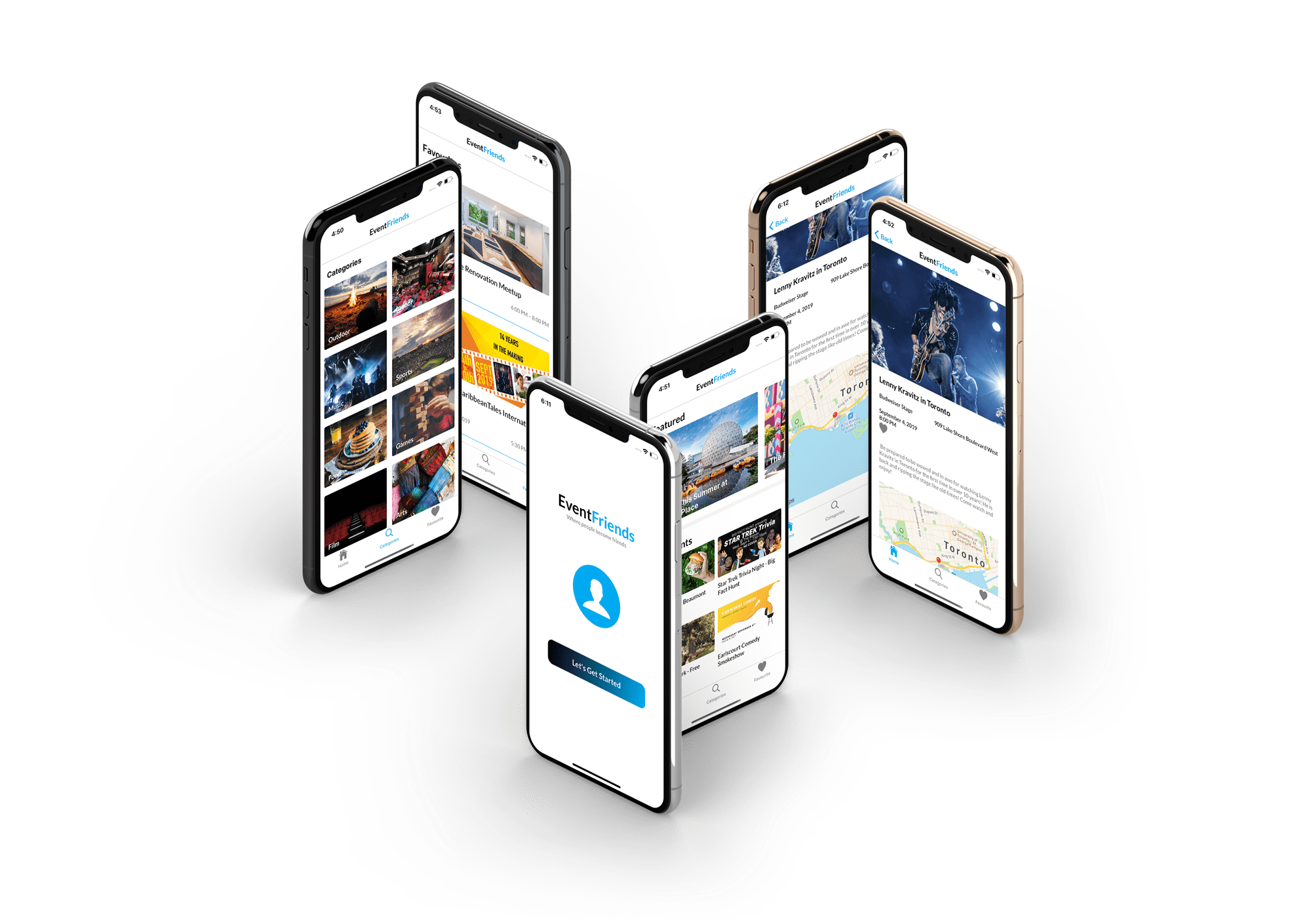 layout of 6 phones with screens of eventFriends application
