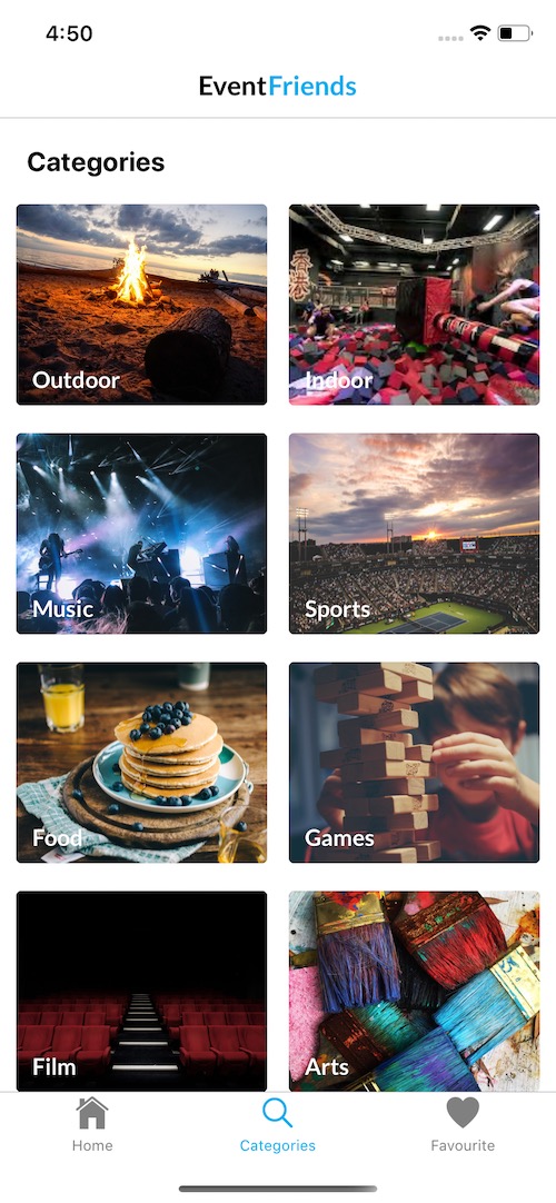 Screenshot of EventFriends catagories page