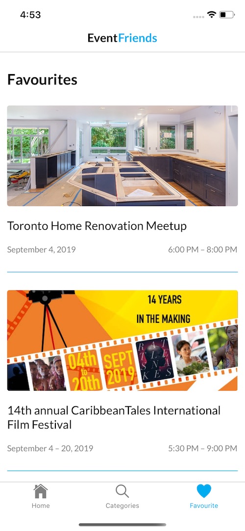 Screenshot of EventFriends favourite page