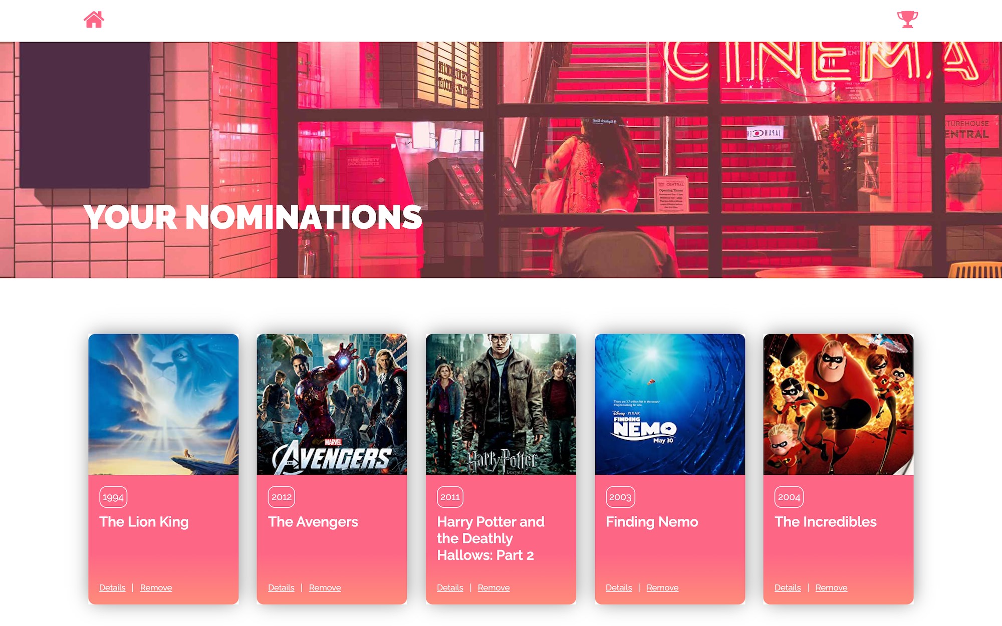 Screenshot of omdb movies nominations page
